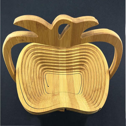 Foldable Bamboo Dried Fruit Basket Apple Shaped Collapsible Bread Nuts Baskets Candy Gifts Fruit Bowl Holder Wooden Snack Box for Kitchen Table