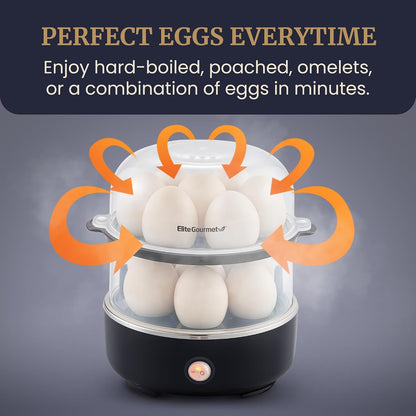 Elite Gourmet 14-Egg Two-Tier Egg Cooker, Steel Plate, Auto Shut-Off
