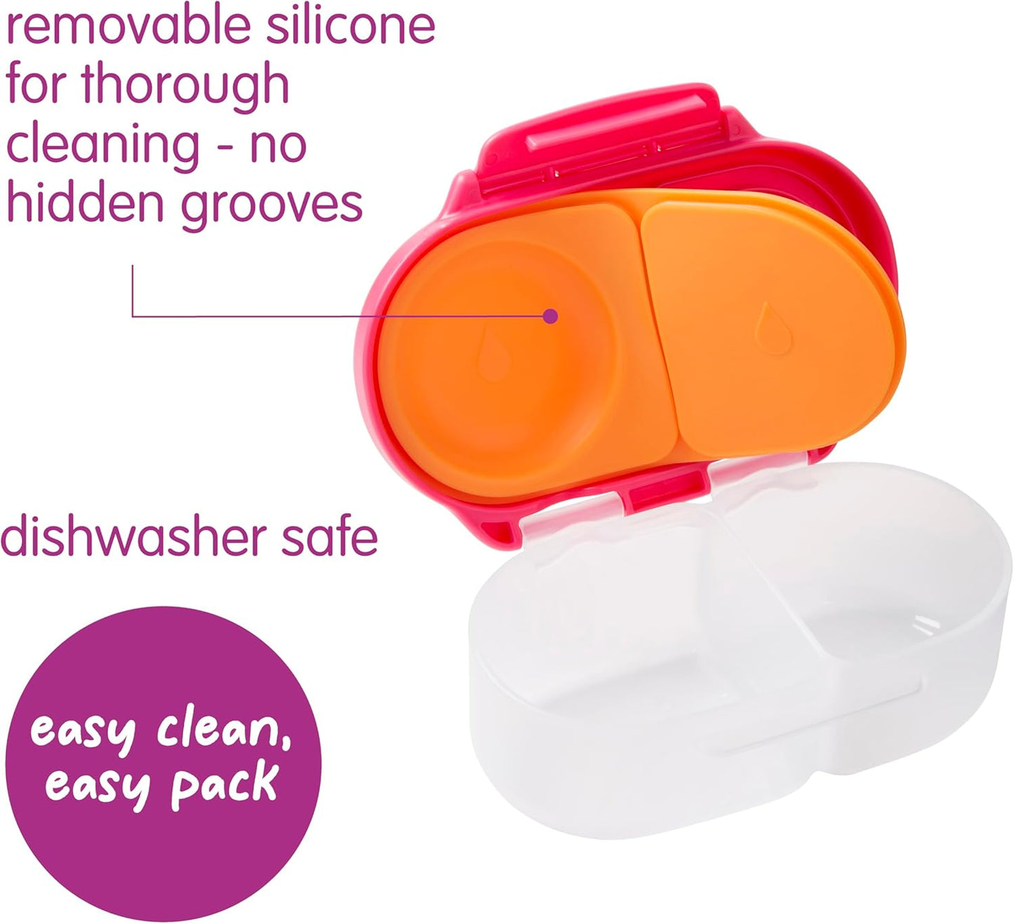 b.box Snack Box 2-Pack - Leak Proof Mini Bento Box for Kids & Toddlers, 2 Compartment Snack Containers for Kids, Dishwasher Safe, BPA-Free, PFAS-Free, Ages 4mo+, 1 3/4 Cup Each (Strawberry + Lilac)