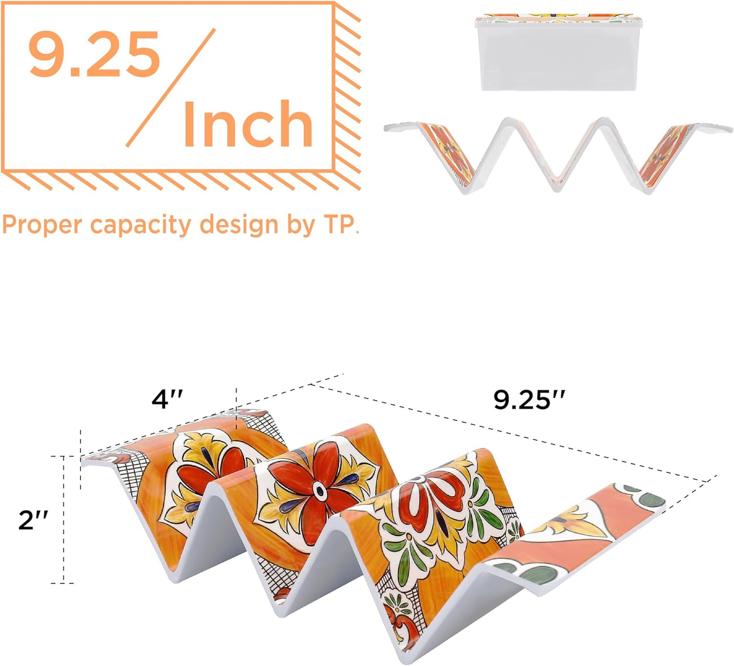 TP Taco Holder Stands, Set of 2 Melamine Large Taco Serving Rack Tray with Handle, Holds 3 Tacos, Dishwasher Safe, Ideal for Taco Night, Party, Home, Fiesta, Talavera Tile