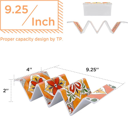 TP Taco Holder Stands, Set of 2 Melamine Large Taco Serving Rack Tray with Handle, Holds 3 Tacos, Dishwasher Safe, Ideal for Taco Night, Party, Home, Fiesta, Talavera Tile