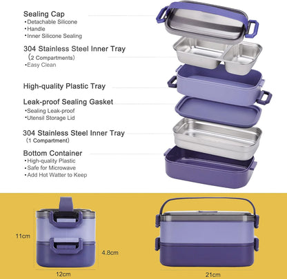 Stainless Steel Bento Box for Adults&Kids,Japanese Leakproof Lunch Box Divided Food Meal Storage Containers Set Stackable 2 Layer for Children School Picnic Beige