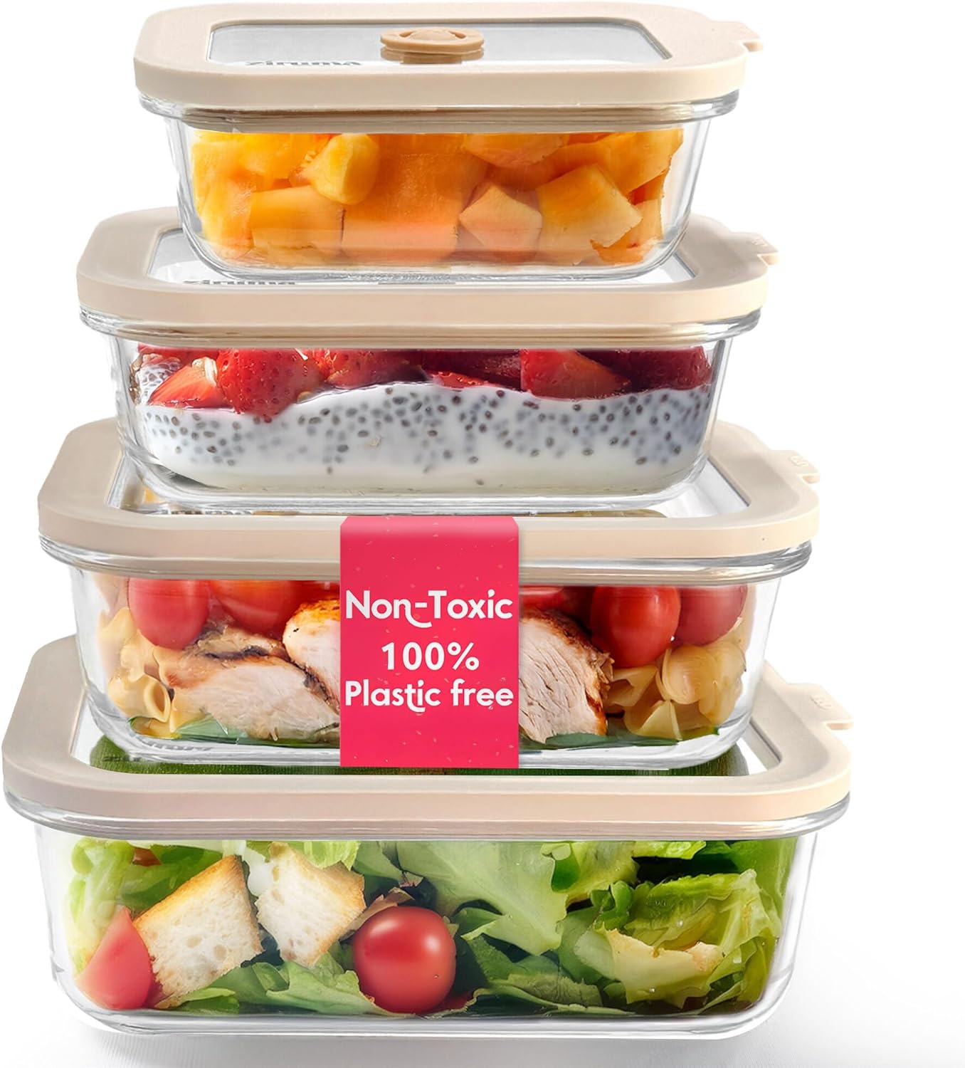 Ziruma Non-Toxic Glass Food Containers with Lids, 4-Pack, 35 oz, Beige | Plastic & BPA free. Glass body, glass lid & platinum silicone seal. Airtight & leakproof. Freezer & microwave safe.
