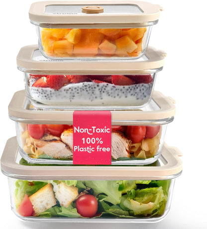 Ziruma Non-Toxic Glass Food Containers with Lids, 4-Pack, 35 oz, Beige | Plastic & BPA free. Glass body, glass lid & platinum silicone seal. Airtight & leakproof. Freezer & microwave safe.