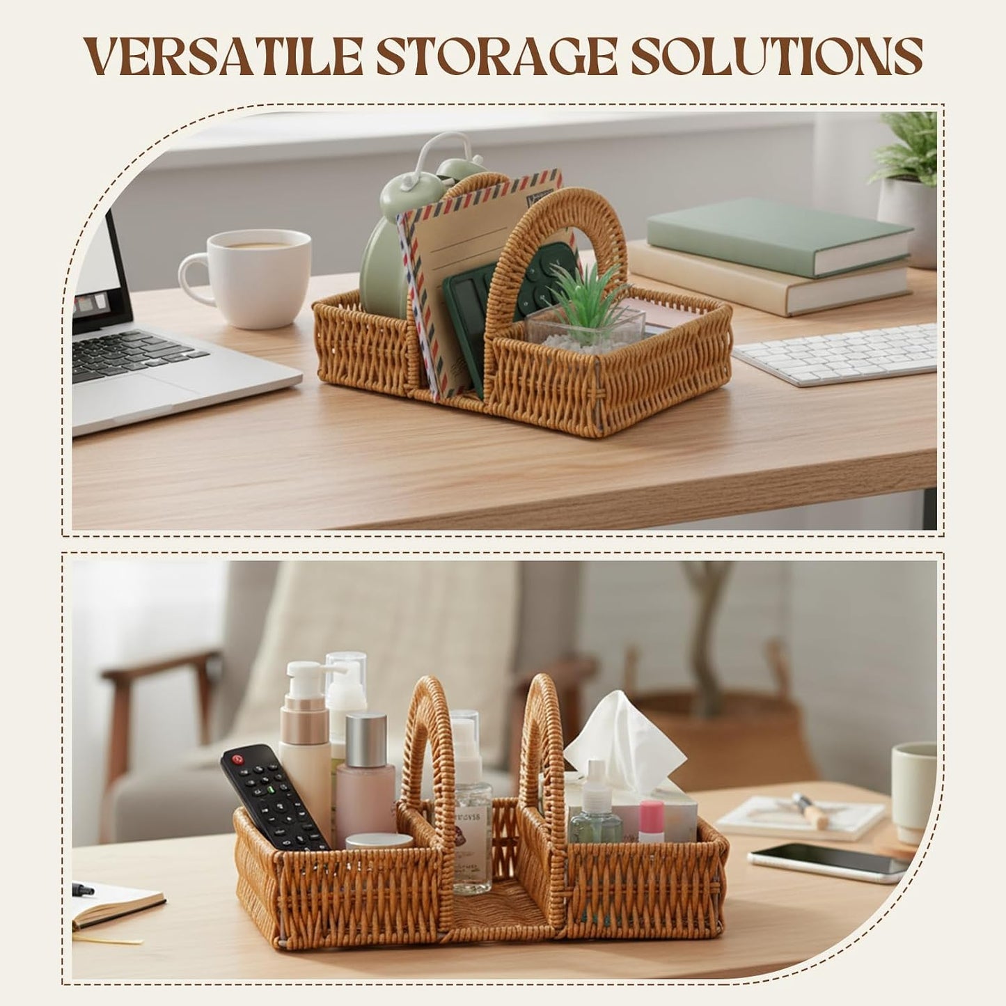 Boho Rattan Napkin Holder with Spice Rack Woven Dining Table Organizer for Napkins, Condiments Utensils Kitchen Counter Decor, Rustic Picnic Party Serving Caddy