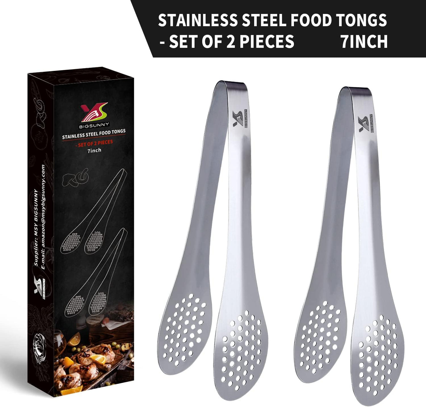 MSY BIGSUNNY Chef Kitchen Tongs Stainless Steel Food Serving Tongs Set Buffet tongs (silver 7" 9" & 11", 3 pack)