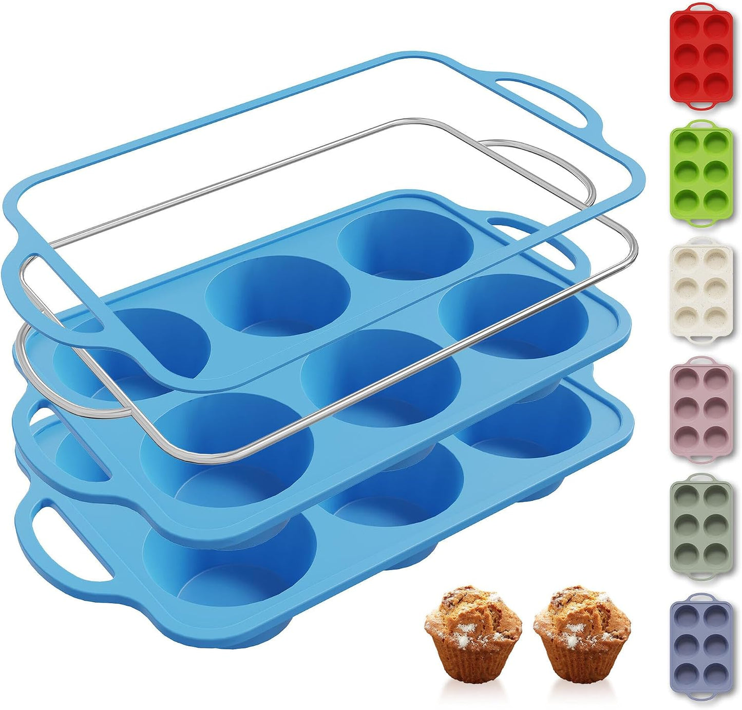 2 Packs 12 Cups Silicone Muffin Pan for Baking with Metal Reinforced Frame Regular Size Cupcake Pan Tray Egg Bites Silicone Cookie Molds Muffin Tin Tart Pans Sheet Set for Oven Dishwasher Safe