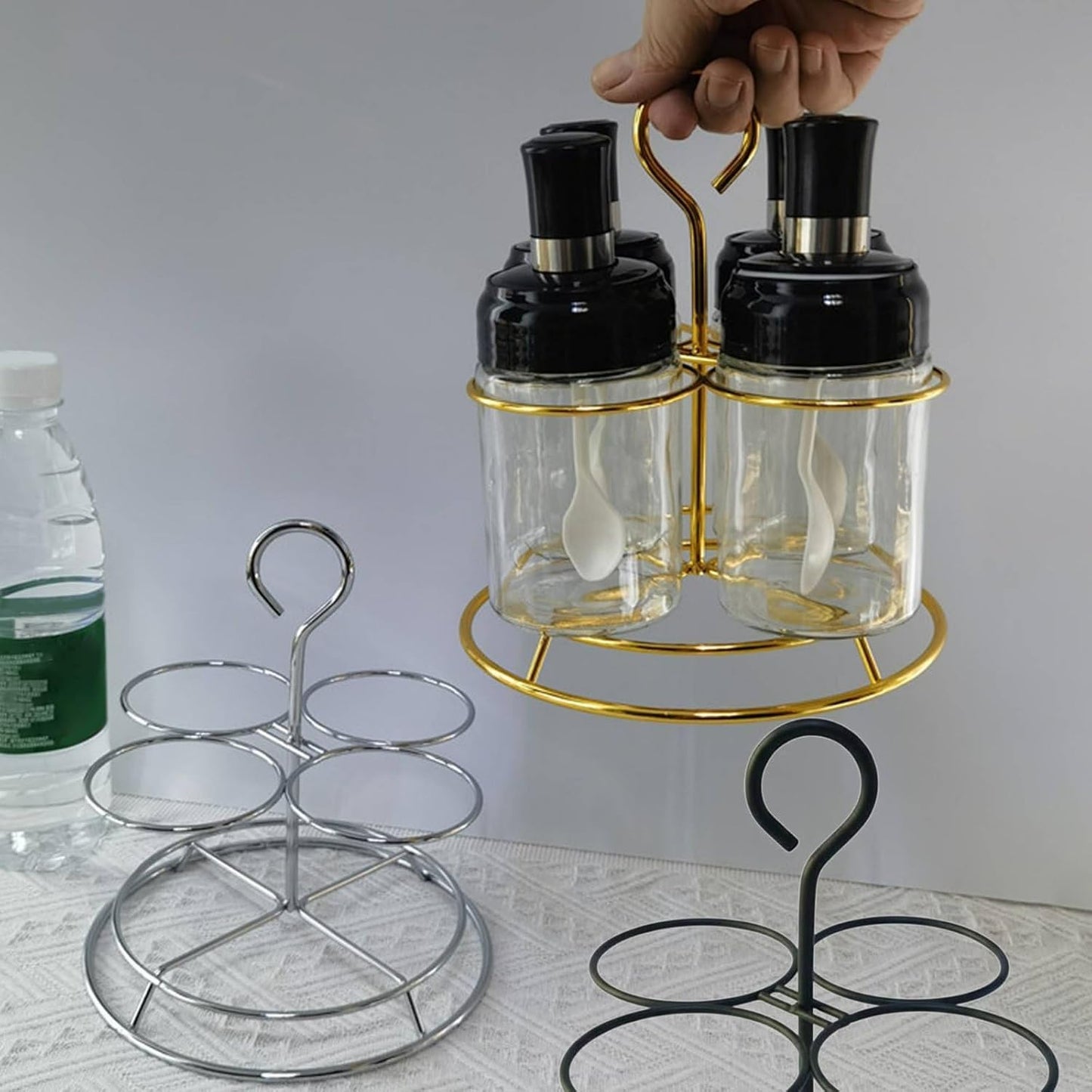 Condiment Bottle Rack Hangable Saving Metal Seasoning Holder, Dark Green