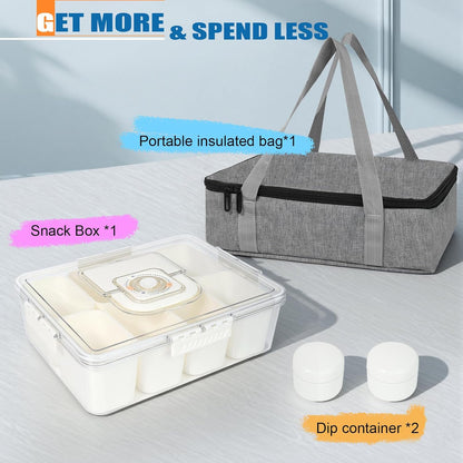 Snackle Box Containers, Travel Snack Box Container with Insulated Bag, 8 Compartments Divided Serving Snack Tray with Lid, Portable Snacklebox, Charcuterie Fruit Platterbox Keep Food Fresh for picinic