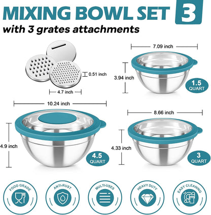 TeamFar Mixing Bowls, Stainless Steel Nesting Salad Bowls with Lids Set of 3 & 3 Grater Attachments, For Mixing/Serving/Storing, Non-toxic & Long-lasting, Size 4.6/3 / 1.5 QT, Black