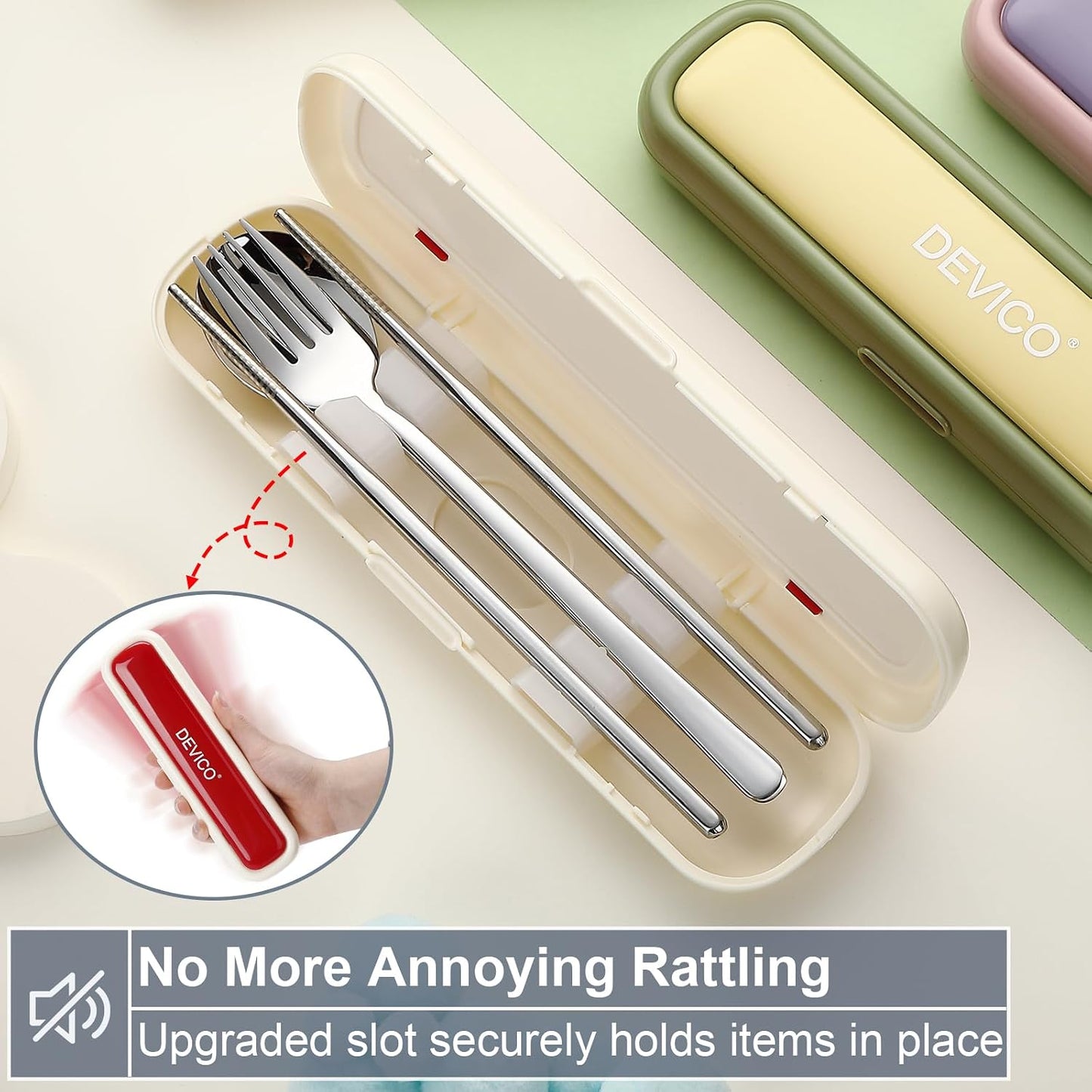 Utensils for Lunch Box, DEVICO Travel Silverware Set with Case, Portable Camping Cutlery, 18/8 Stainless Steel Reusable Korean Spoon Fork Chopsticks for School, Office, Dishwasher Safe (Pink-Purple)