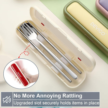 Utensils for Lunch Box, DEVICO Travel Silverware Set with Case, Portable Camping Cutlery, 18/8 Stainless Steel Reusable Korean Spoon Fork Chopsticks for School, Office, Dishwasher Safe (Pink-Purple)