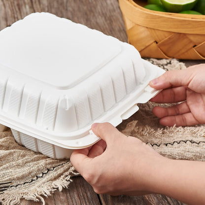 8X8 3-Compartment 50-Pack Plastic Clamshell Takeout Food Trays Heavy Duty Togo Disposable Box Carryout Meal Prep Packaging Catering Hinged Containers With Secure Snap Lid (Formerly FULING)