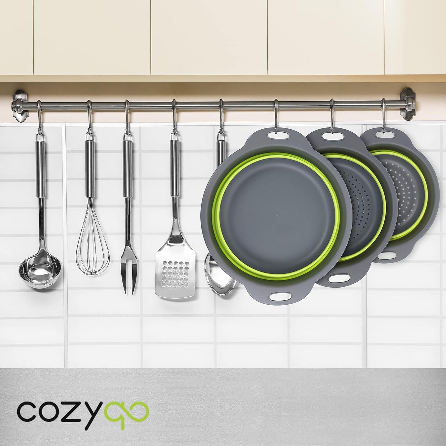 Colanders & Food Strainers with Bowl [Collapsible 3 piece Set Green] Kitchen Essentials for Draining Pasta, Washing Fruits and Vegetables, 7.9'' x 3.3'', 9.4'' x 3.5'', 11.4'' x 3.5'' (A101)