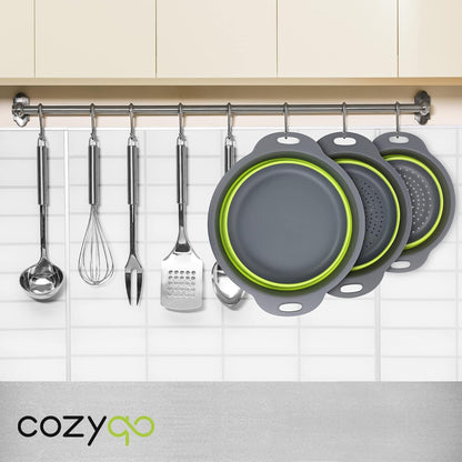 Colanders & Food Strainers with Bowl [Collapsible 3 piece Set Green] Kitchen Essentials for Draining Pasta, Washing Fruits and Vegetables, 7.9'' x 3.3'', 9.4'' x 3.5'', 11.4'' x 3.5'' (A101)