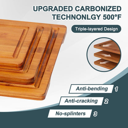 Bamboo Cutting Board Set of 3, Wooden Cutting Boards for Kitchen with Holder for Countertops, Solid Thick Wood Chopping Boards with Juice Grooves and Non Slip Feet for Chopping Meat Vegetables Fruits