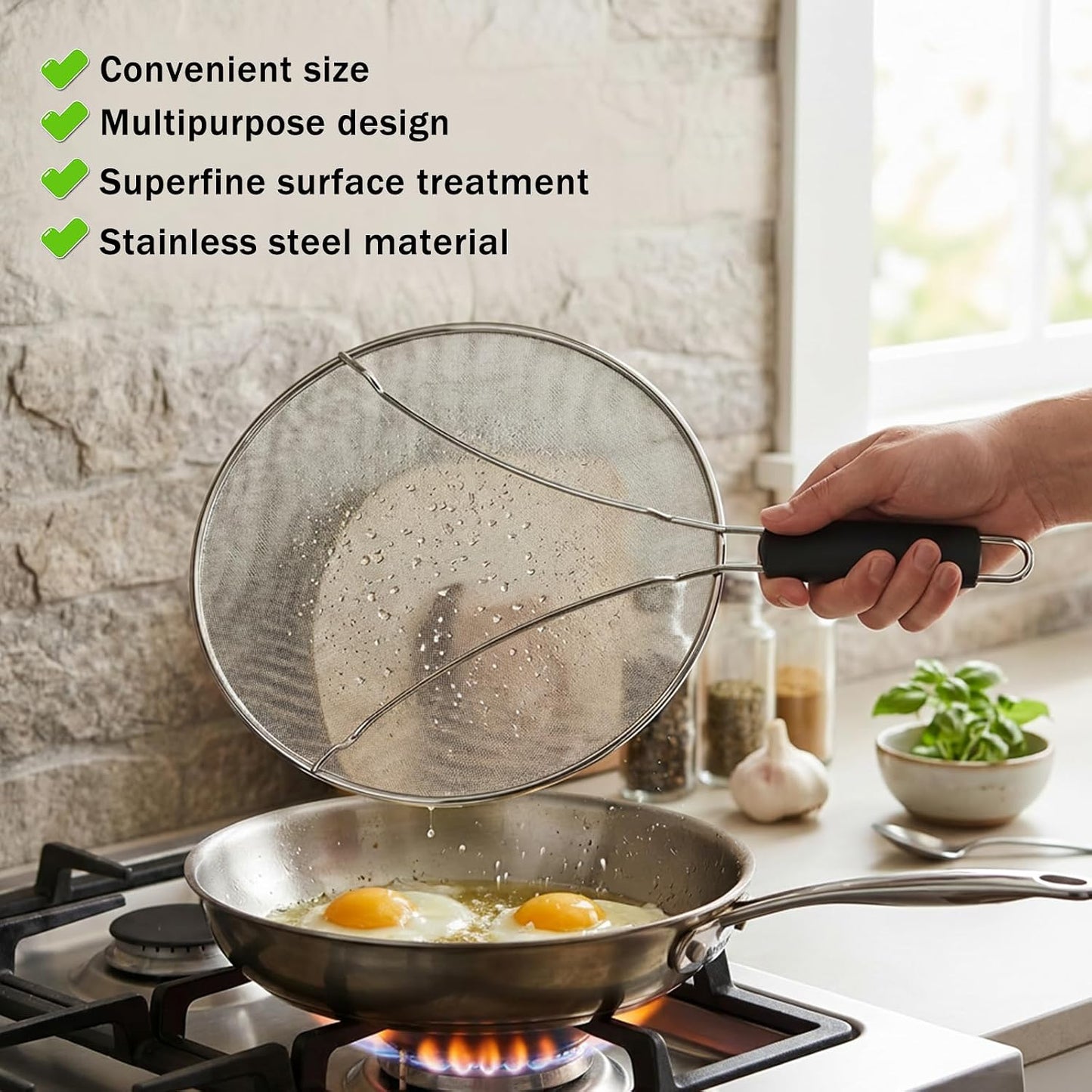 Splatter Screen, 10’’ Stainless Steel Splatter Guard for Frying Pan Grease Splatters Guard with Grip Handle Fine Mesh Oil Splash Screen Pan Cover When Sizzling Bacon, Cooking Fried Chicken or Popcorn