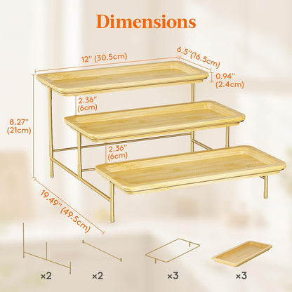 Lifewit 3 Tier Bamboo Serving Tray for Party Supplies, 30 x 17 cm/12" x 6.5" Platters for Serving Food, Reusable Trays with Gold Metal Display Stand for Veggie, Fruit, Cookies, Dessert