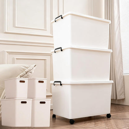 Large Stackable Plastic Storage Bins with Wheels, 3-Pack 60 Quart White Thickened Latching Lid Containers with Lockable 360° Casters for Home, Office, Bathroom, and Dorm Organization