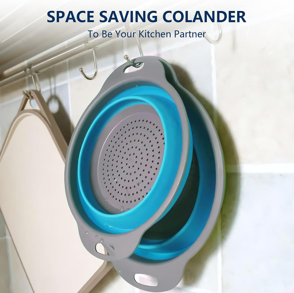 Collapsible Colander Set of 3, Space-Saving Silicone Strainers with Handles, Heat Resistant Food Draining Baskets for Vegetables, Fruits, Pasta, Kitchen, RV & Camping Use (Blue)