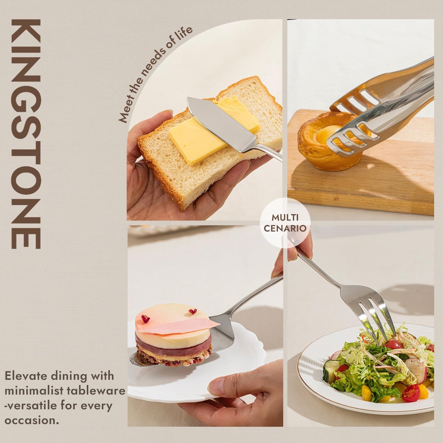 KINGSTONE 8 Piece Serving Utensils Set, 18/10 Stainless Steel Serving Utensils, Slotted Spoon, Serving Spoon, Fork, Tong, Soup Ladle, Cake Server for Buffet, Parties, Kitchen