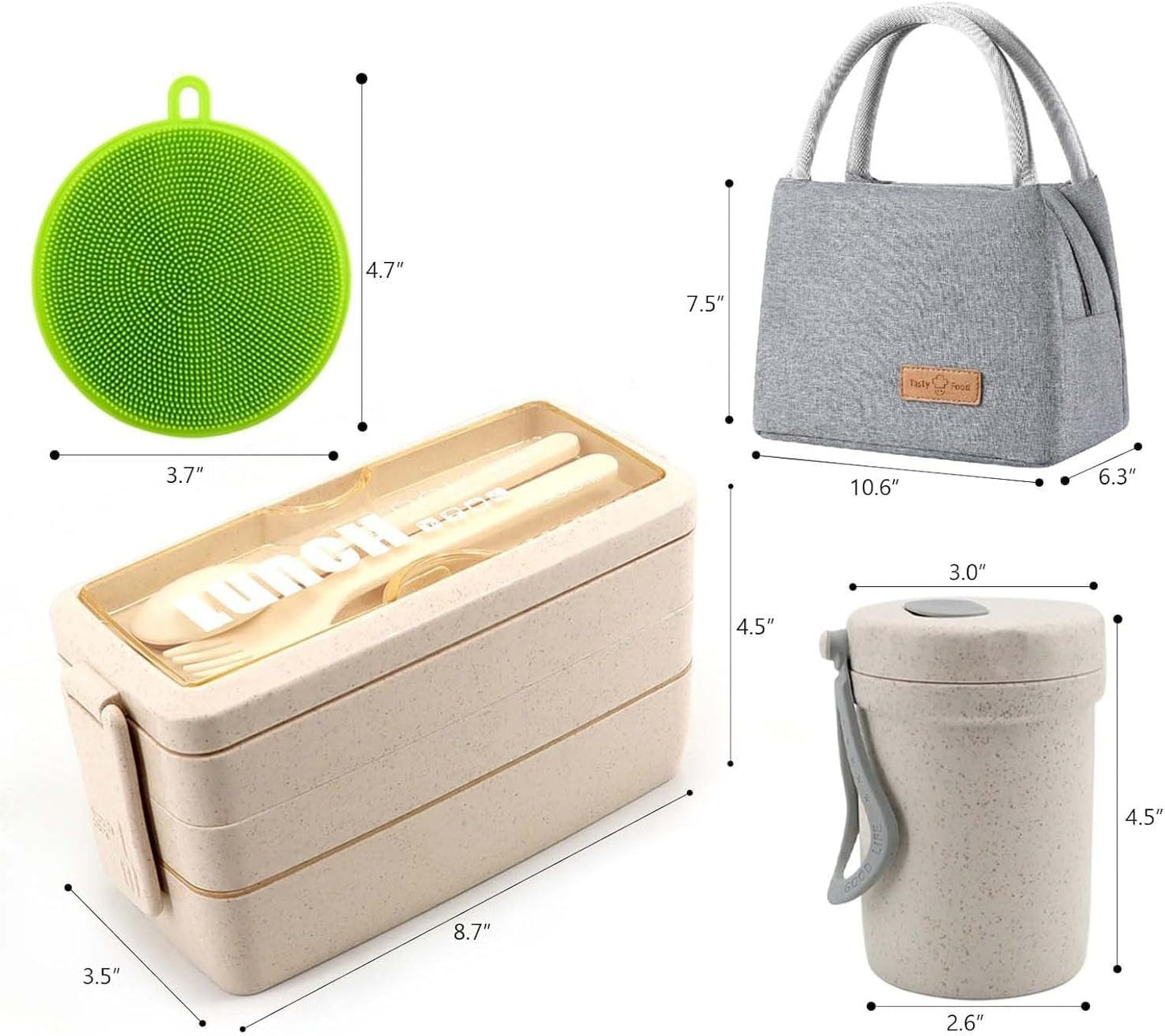 Bento Box Japanese Lunch Box Kit Leakproof Bento Lunch Box for Kids Adults Wheat Straw 3 Layer Stackable Lunch Containers with Compartment Eco-Friendly Meal Prep Containers (Beige)
