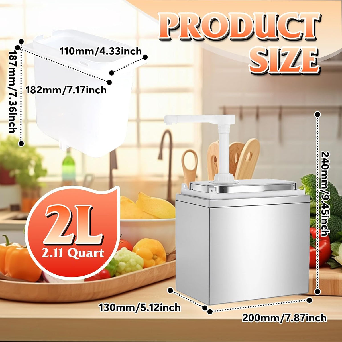 Stainless Steel One-Piece Sauce Pump Dispenser, 1L/2L Condiment Pump with Easy-Press Spring & 360° Nozzle, Detachable Easy Refill Clean, for Kitchen Food Truck Restaurant (1 Pump Head, 1L/EACH)