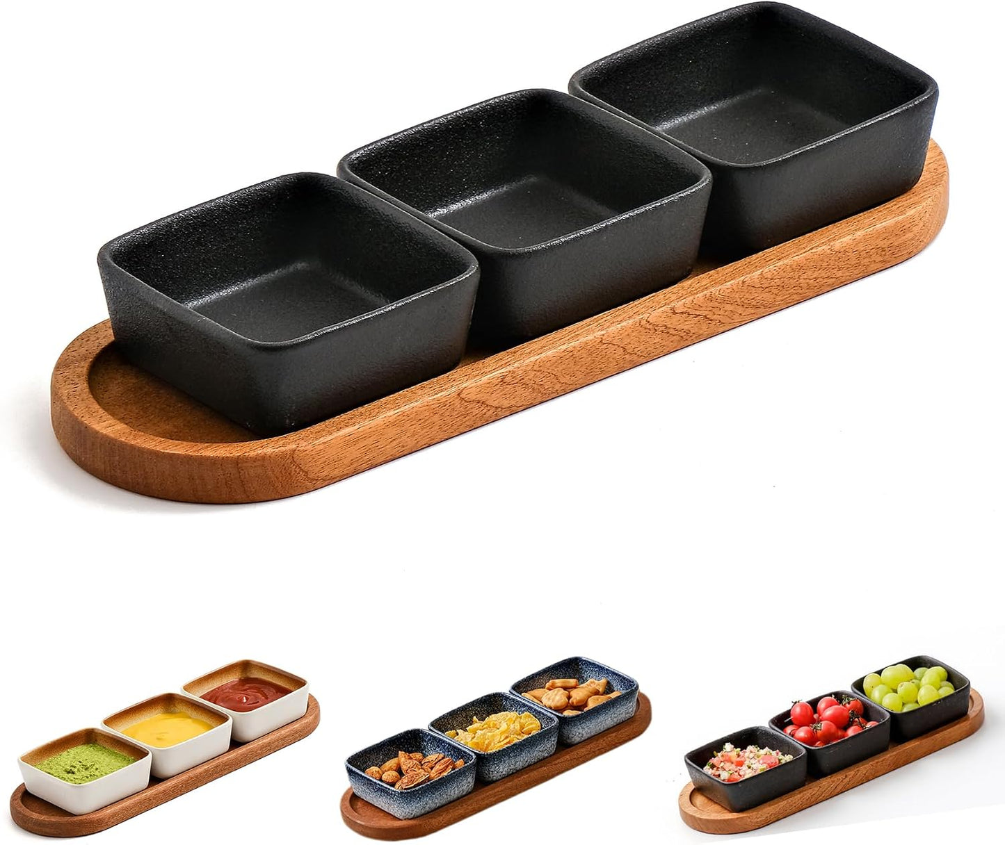 Chip and Dip Serving Set, Ceramic Dipping Sauce Bowls with Wooden Tray, 3.5 inch Side Dishes Set of 3 for Entertaining, Party, Buffets, Appetizers, Snacks and Sushi, Blue