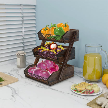 Dorhors Fruit Basket for Kitchen,Fruit Bowl,Kitchen Counter Organizer,Wooden Vegetable Holder for Countertop,Bread Storage Basket Stand(2 Tier)