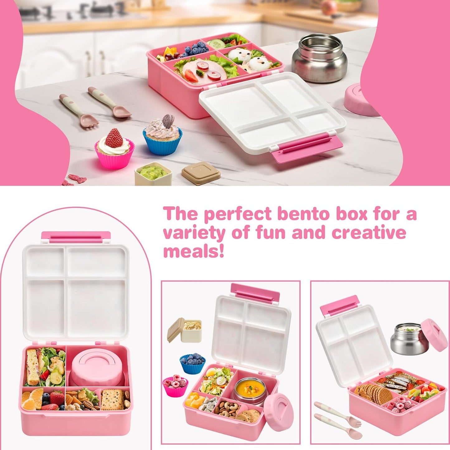 Bento Lunch Box with 9.5 oz Soup Thermo, Kids Leakproof 4 Compartments Bento Box with Silicone Cupcake,Fruit Fork,Spoon and Sauce Cup,Insulated Food Jar for School Travel-Black