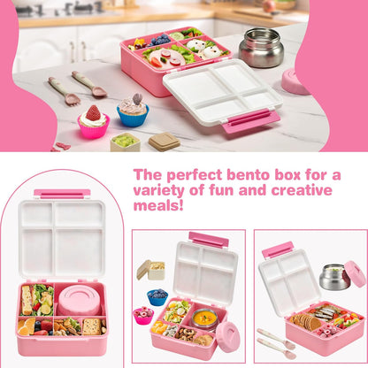 Bento Lunch Box with 9.5 oz Soup Thermo, Kids Leakproof 4 Compartments Bento Box with Silicone Cupcake,Fruit Fork,Spoon and Sauce Cup,Insulated Food Jar for School Travel-Black