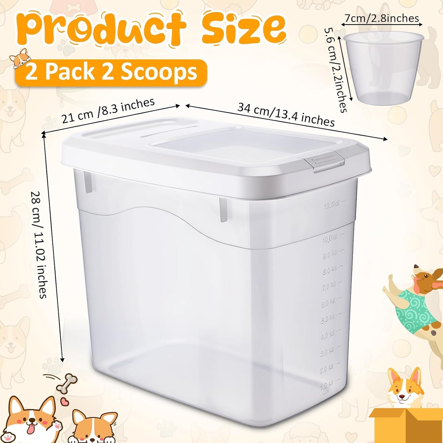 2 Pack Airtight Dog Food Storage Container, 27.6 Lbs Clear Pet Food Storage Bin with 2 Measuring Scoops for Pet Dog Cat Grain Rice Treat