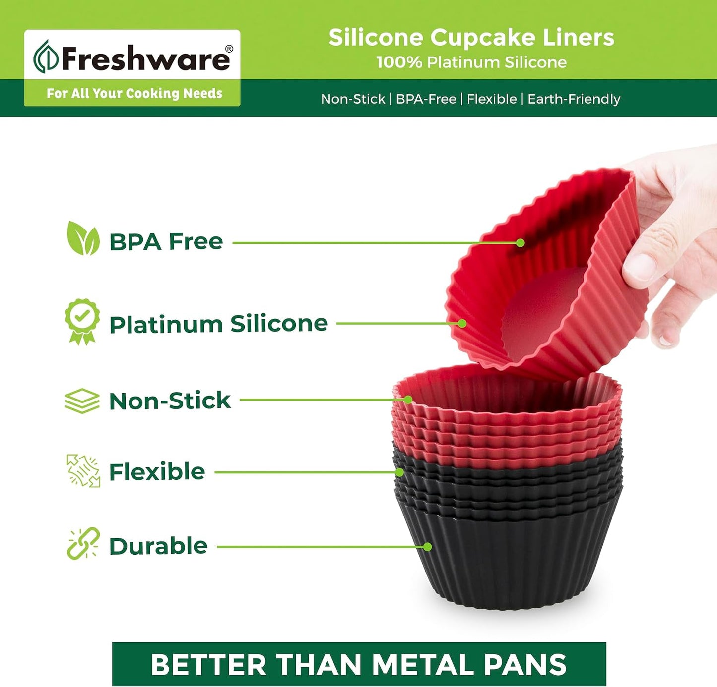 Freshware Cupcake Liners, Pack of 12 Silicone Muffin Cups, Baking Cups, Reusable & Non-stick Cupcake Liners for Party Halloween Christmas, Large Round