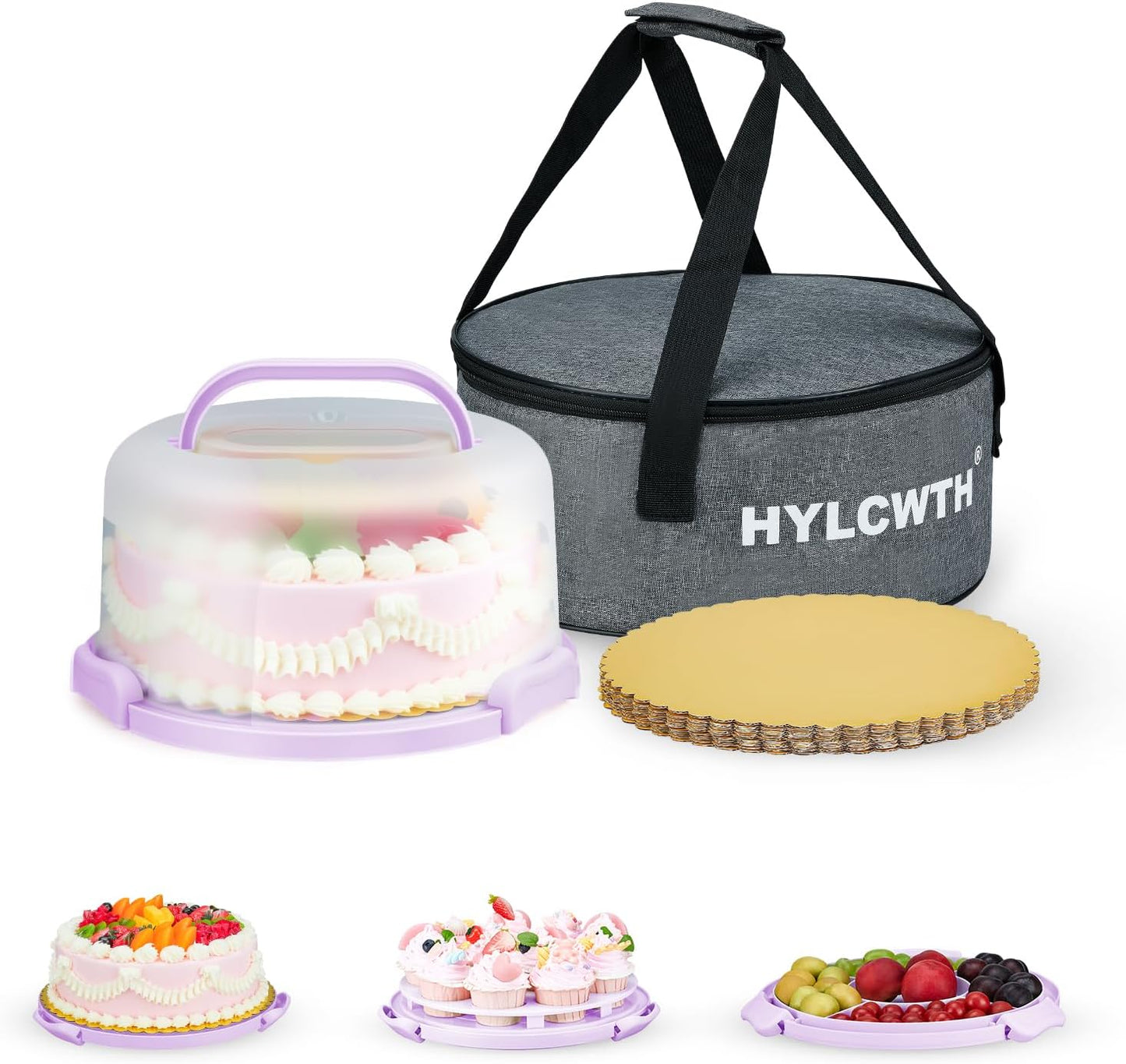Cake Carrier With Lid And Handle, Bpa-Free Cake Holder With Lid For 10 Inch Round Cake Carrier With 10 pcs Round Golden Cake Boards And Portable Insulated Bag