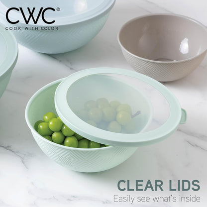 COOK WITH COLOR Mixing Bowls with Lids - 12 Piece Plastic Nesting Bowls Set includes 6 Prep Bowls and 6 Lids, Microwave Safe Mixing Bowl Set, Pink Embossed - Colors A