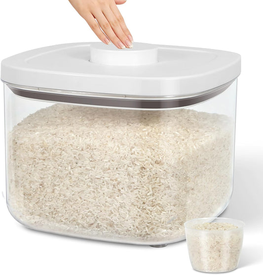 TBMax Large Airtight Food Container 5.28 Qt with Pop Up Lid & Measuring Cup, Ideal for 10 Lbs of Rice or 7 Lbs of Flour, Square Short Food Storage Bin for Kitchen Pantry and Drawer Organization