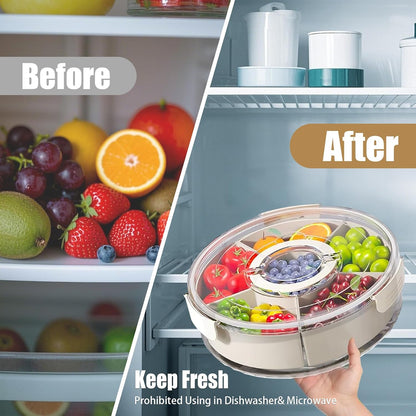 Snackle Box Container Divided Rotating Serving Tray with Lid and Handle, Portable for Fruits Snacks Veggie Charcuterie, Clear Snack Spinner Organizer and Fridge Storage Container for Trave and Picnic