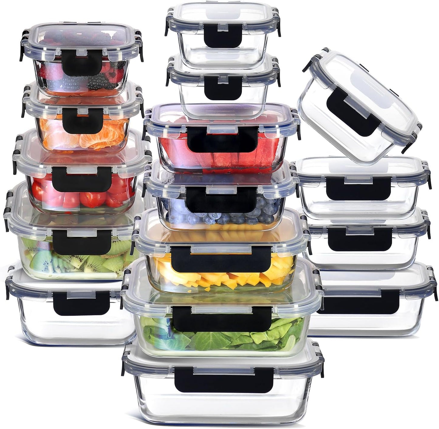 EATEX 16pc Glass Food Storage Containers with Lids, Airtight Glass Meal Prep Containers, 8 Reusable Food Containers with 8 Leakproof Snap Lock Lids, Oven Microwave Freezer Safe Lunch