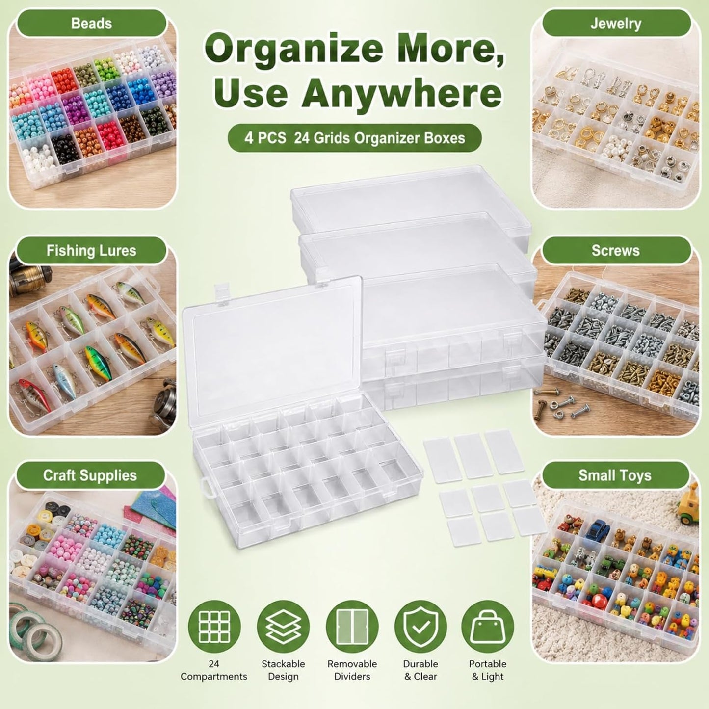 APACALI 6 Pack Plastic Organizer Box with Dividers, 18 Grids Clear Tackle Box Organizer, Adjustable Compartment Storage Boxes for Beads, Jewelry, Crafts, Fishing Lures, Screws and Small Parts