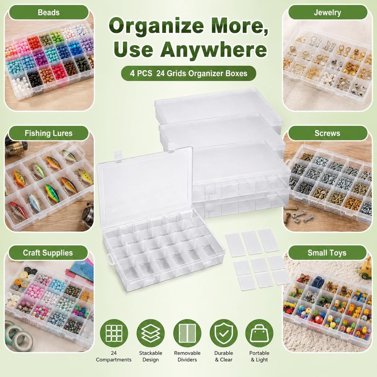 APACALI 6 Pack Plastic Organizer Box with Dividers, 18 Grids Clear Tackle Box Organizer, Adjustable Compartment Storage Boxes for Beads, Jewelry, Crafts, Fishing Lures, Screws and Small Parts