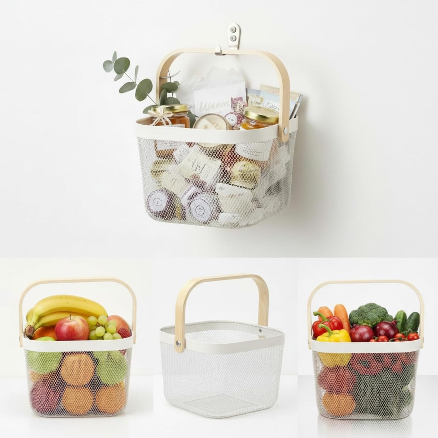 Maxdot 4 Pack Metal Mesh Basket with Wooden Handle White Square Wire Storage Organizer Basket Multi-functional Hanging for Kitchen Pantry Shelves Bathroom Counter Organizer