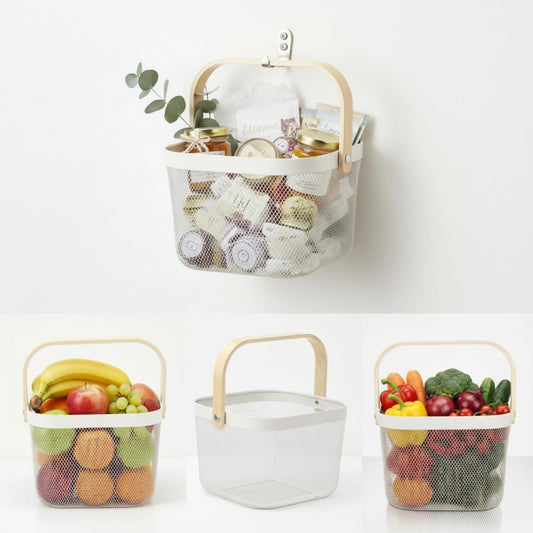 Maxdot 4 Pack Metal Mesh Basket with Wooden Handle White Square Wire Storage Organizer Basket Multi-functional Hanging for Kitchen Pantry Shelves Bathroom Counter Organizer