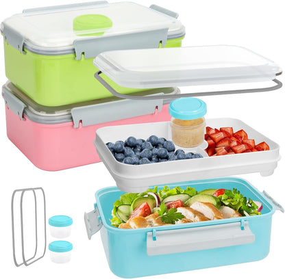 3 Pack Salad Lunch Box Food Storage Containers, 47oz Bento Box To Go Container with Lids, Reusable Meal Prep Containers with Removable Tray & Dressing Pots for Kids and Adults, Microwave Safe