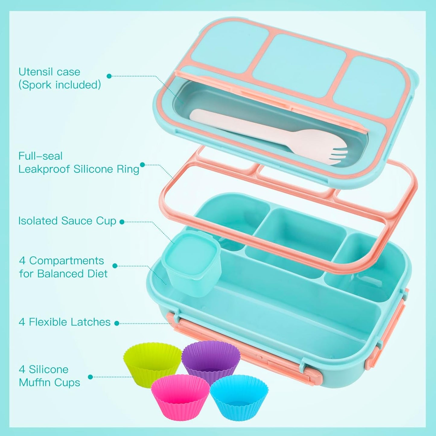 MaMix Bento Lunch Box for Kids, Lunchable Containers for Kids Adults with 4 Compartments + Lunch Bag, with Utensils, Sauce Jar, Muffin Liners (blue set)