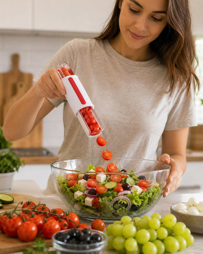 Tomato Slicer & Grape Cutter for Cherry Tomatoes – Safe Fruit Cutter with Hidden Stainless Steel Blade, Easy Push Small Fruit Slicer for Grapes, Strawberries & Snacks, Dishwasher Safe, Red