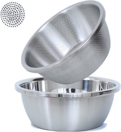 Paoli 304 Stainless Steel Fine Mesh Colander Set, 3.5QT Large Capacity Strainer with Mixing Bowl — Rinse Fruits, Veggies, Rice & Drain Pasta, Dishwasher Safe (2-Piece)