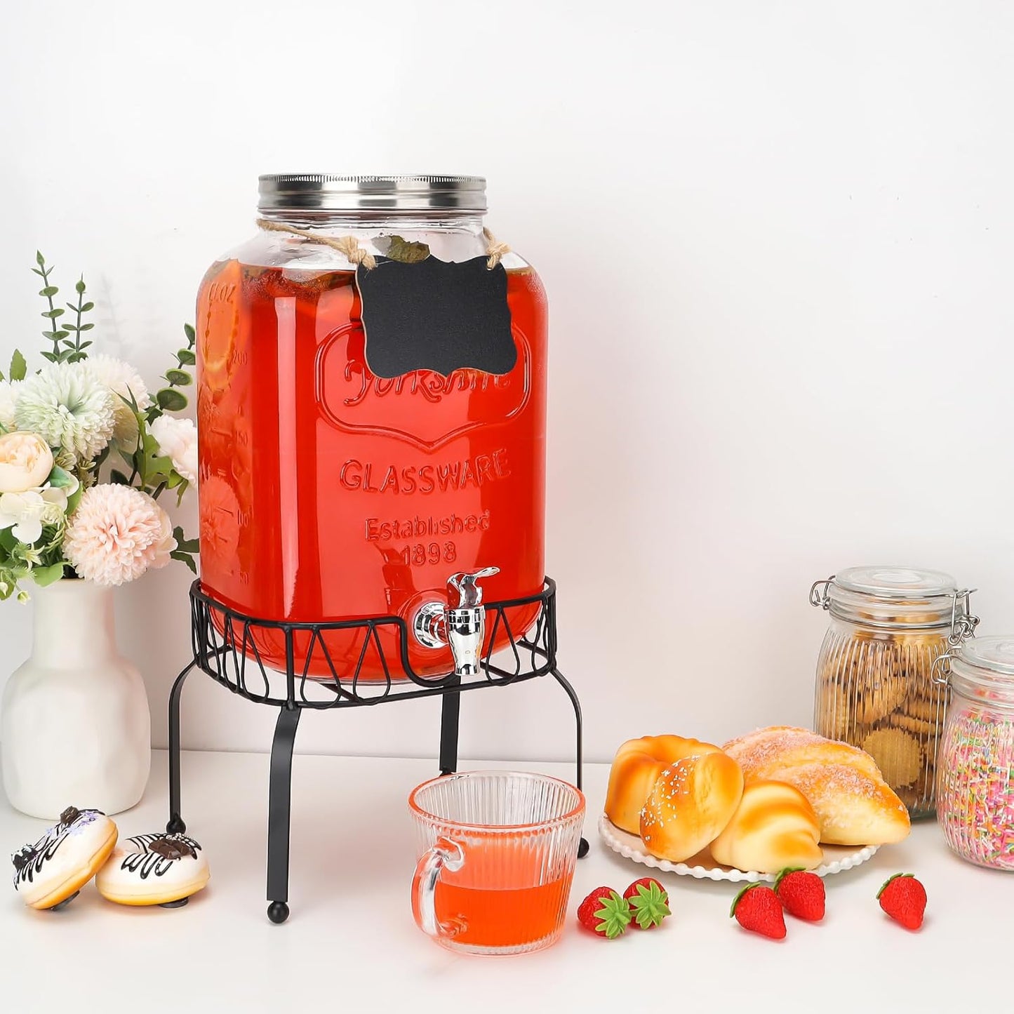 1 Gallon Glass Drink Dispensers with Wood Lid, 2 Pack Clear Beverage Dispenser with Stand and Spigot for Parties, Lemonade Dispenser with Markers and Chalkboard for BBQ, Picnic
