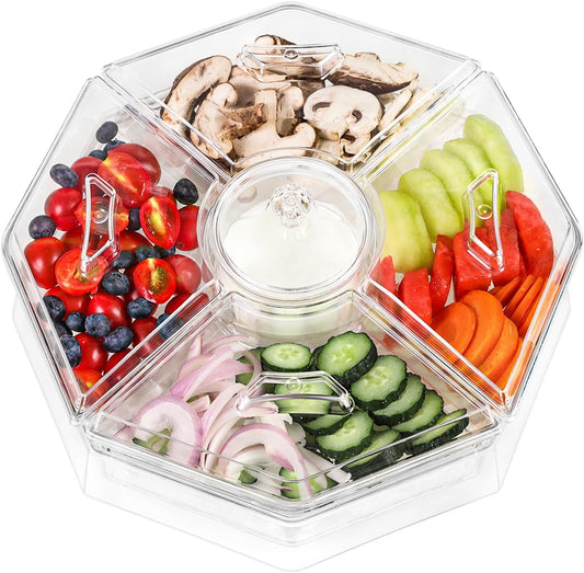 IVYHOME Chilled Condiment Server, Fruit Ice Serving Platter for Parties, Condiment Pots, Taco Bar Serving Set, Chilled Food Containers (Octagonal)