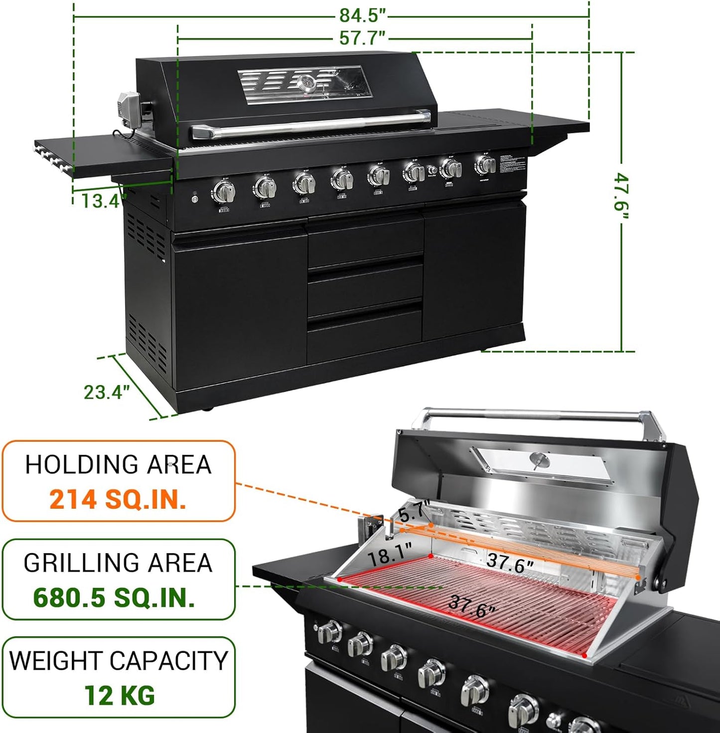 SINDA 6 Burners Gas Grill with Foldable Side Shelf, BBQ Outdoor Grill with 99000 BTUs Output, 3 Drawers for Backyard Barbecue Cooking & Barbecue Grilling，Black