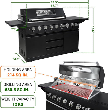 SINDA 6 Burners Gas Grill with Foldable Side Shelf, BBQ Outdoor Grill with 99000 BTUs Output, 3 Drawers for Backyard Barbecue Cooking & Barbecue Grilling，Black
